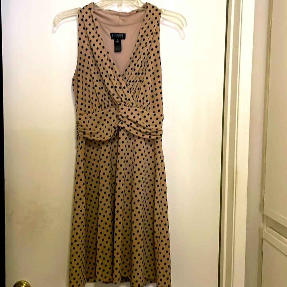 Tan and black polka dot dress made by Enfocus Studio Size 10